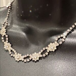 Vintage Floral Clear Rhinestone Necklace w adjustable chain 16 1/4 “